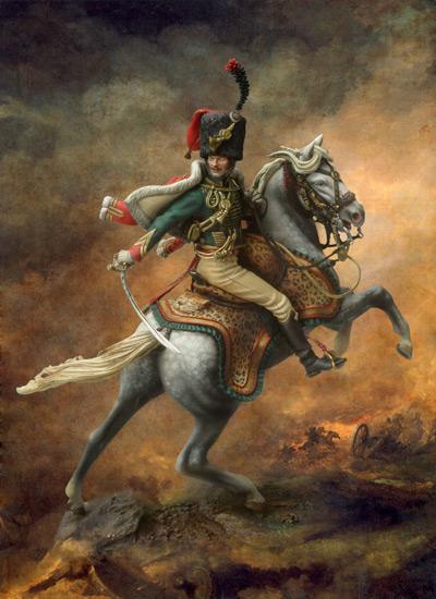 BERNARD BELLUC, FIGURINE EN PORCELAINE : CHASSEUR À CHEVAL DU 1er RÉGIMENT, 1793, RÉVOLUTION